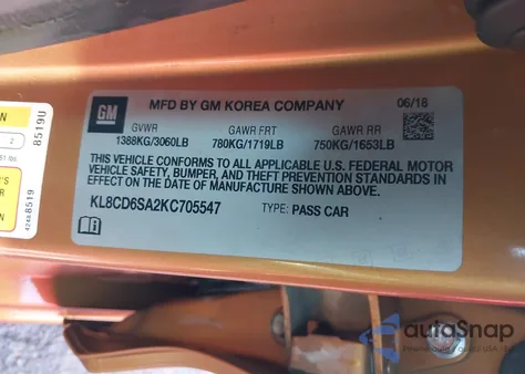 2019 Chevrolet Spark 1Lt Cvt из США, поврежденный, VIN KL8CD6SA2KC705547